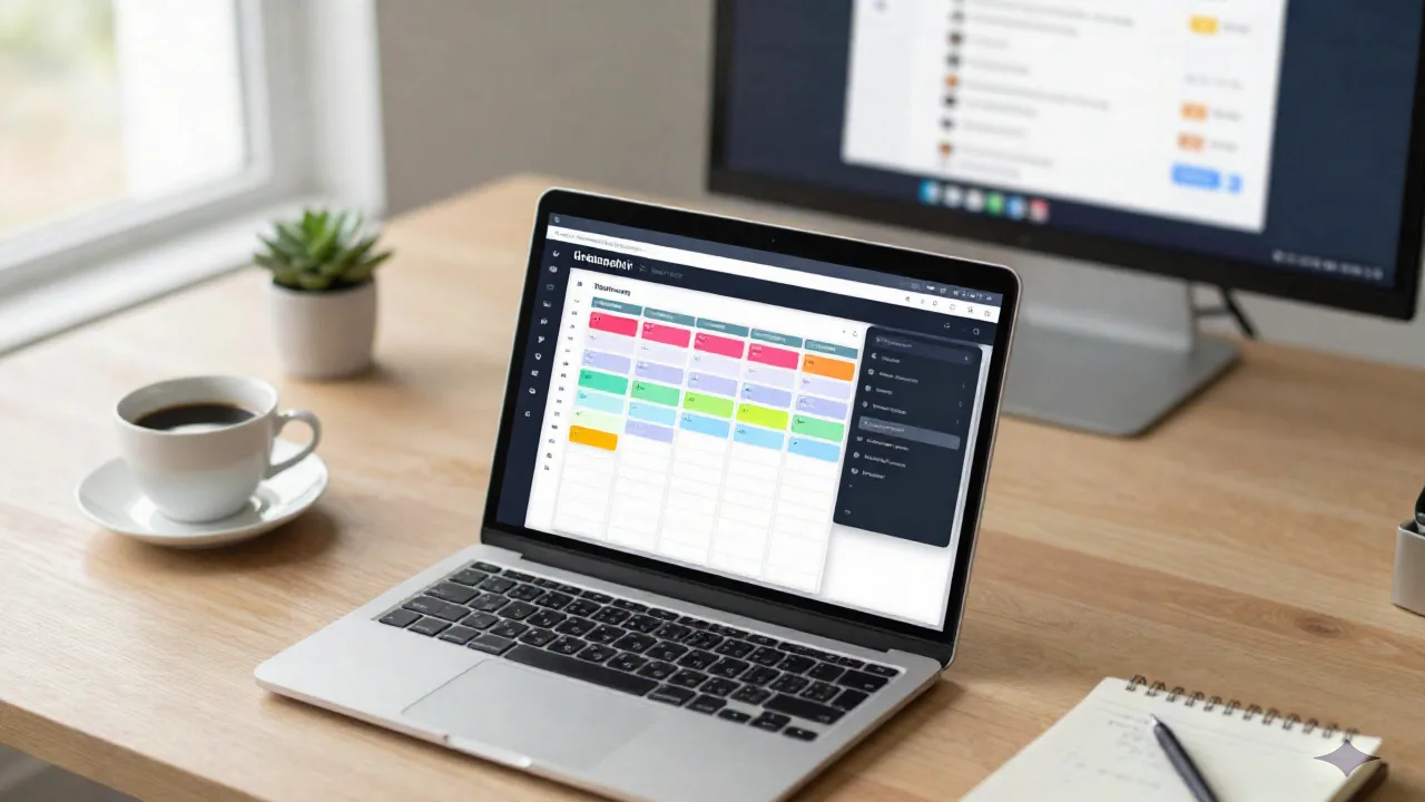 Ops-Schreibtisch mit einem KI-Agent-Workflow-Dashboard und einem Command-Palette-Overlay