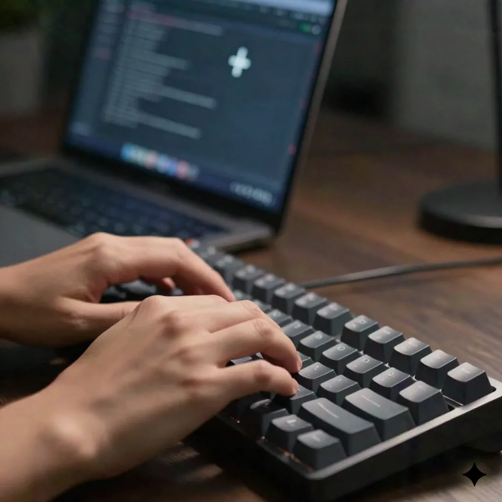 Close-up of hands typing a slash command on a keyboard with a command palette on screen