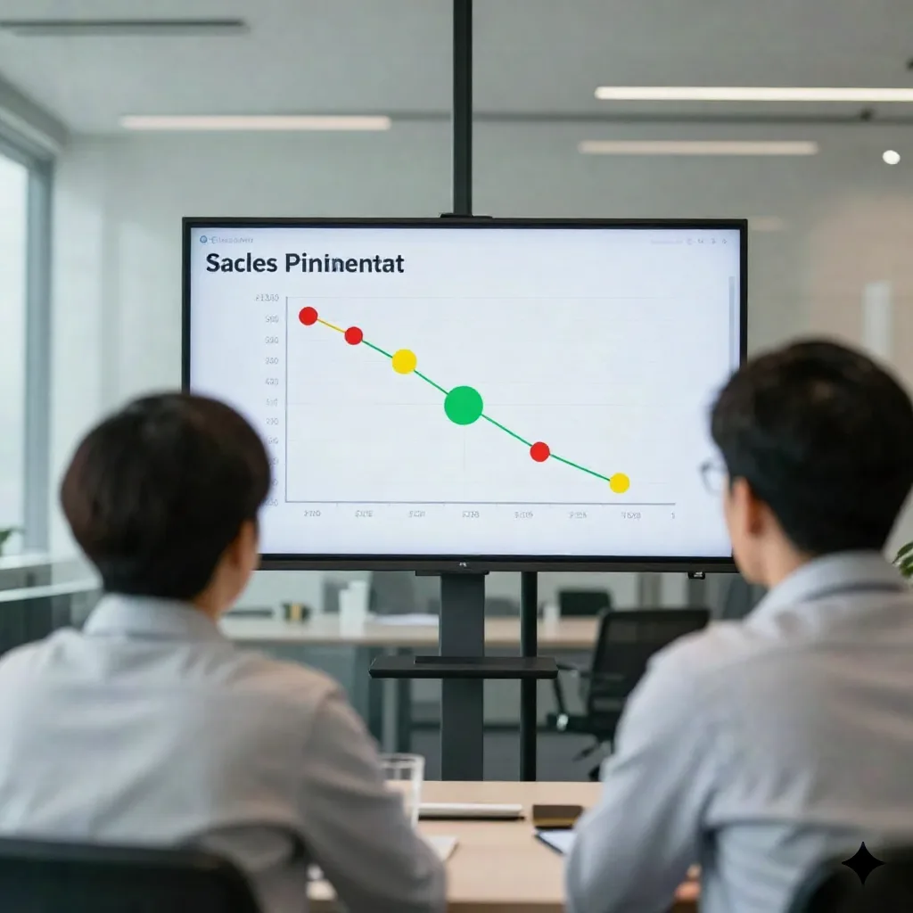 Two ops colleagues reviewing a pipeline health chart with risk indicators on a conference room screen