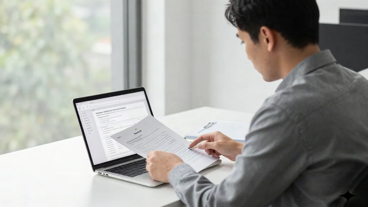 Ops professional reviewing a structured summary document at a clean desk