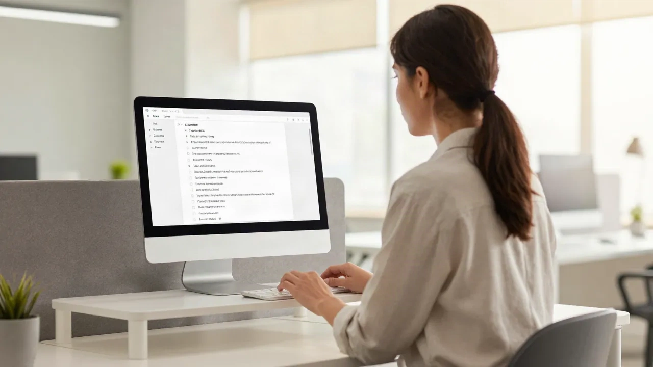 Team member taking structured meeting notes on a laptop in a modern office workspace