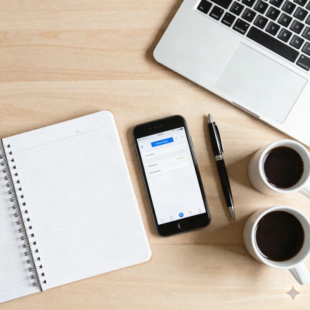 Flat-lay workspace with notebook, smartphone showing Slack, laptop and coffee on wooden desk
