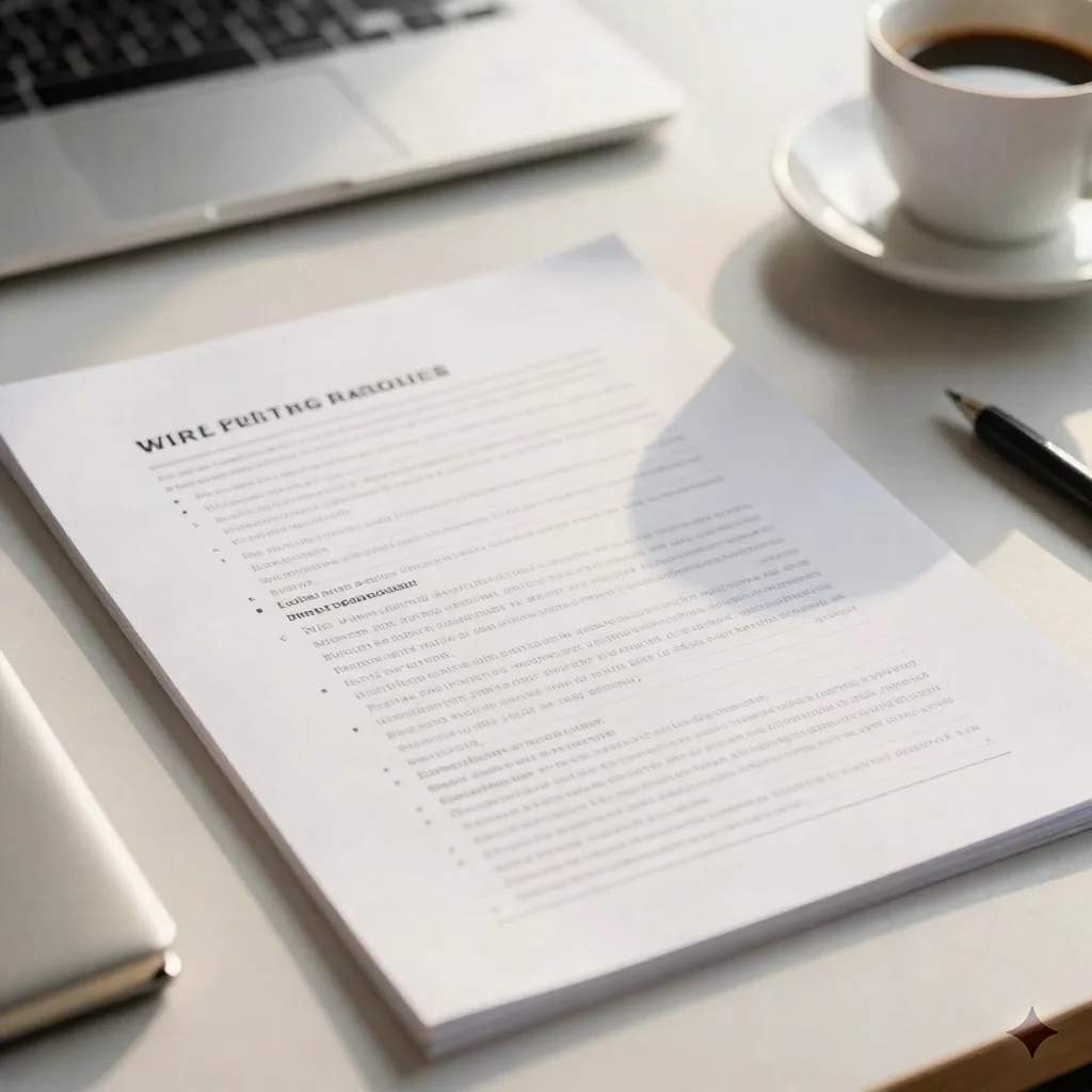 Structured summary document with clear sections and bullet points on a modern desk