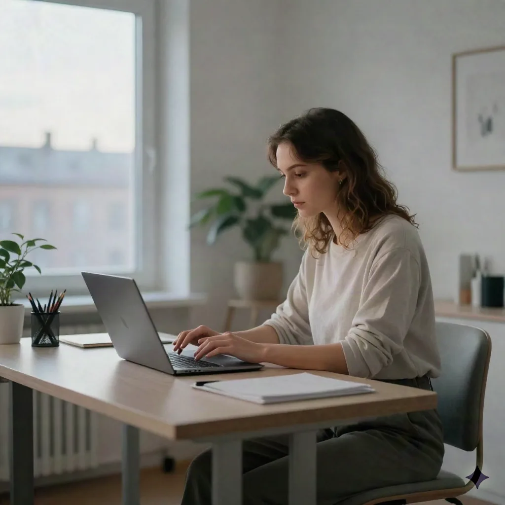 Professional woman typing efficiently at a standing desk in a minimalist home office