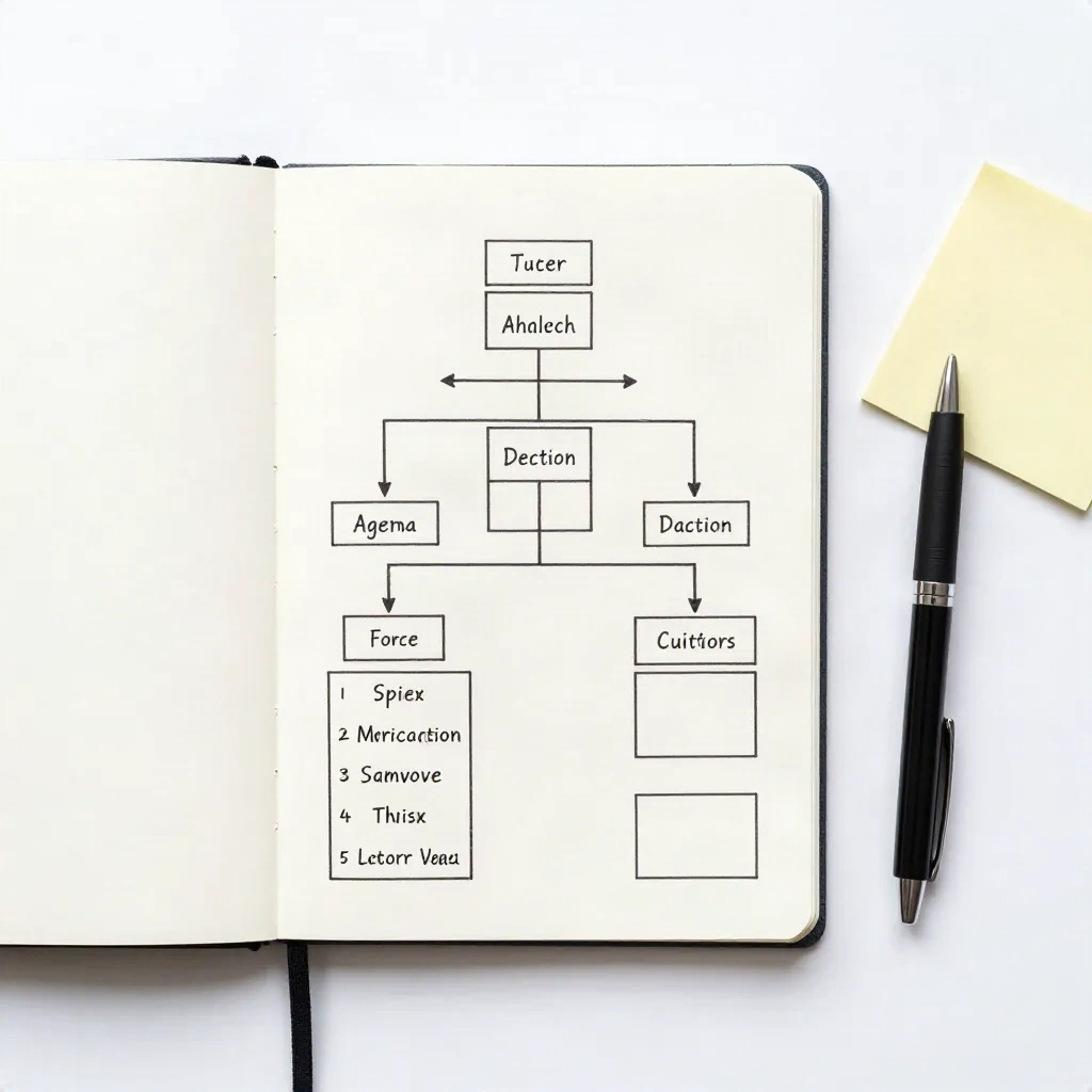 Overhead view of workspace showing hierarchical meeting notes structure with agenda, action items and decisions