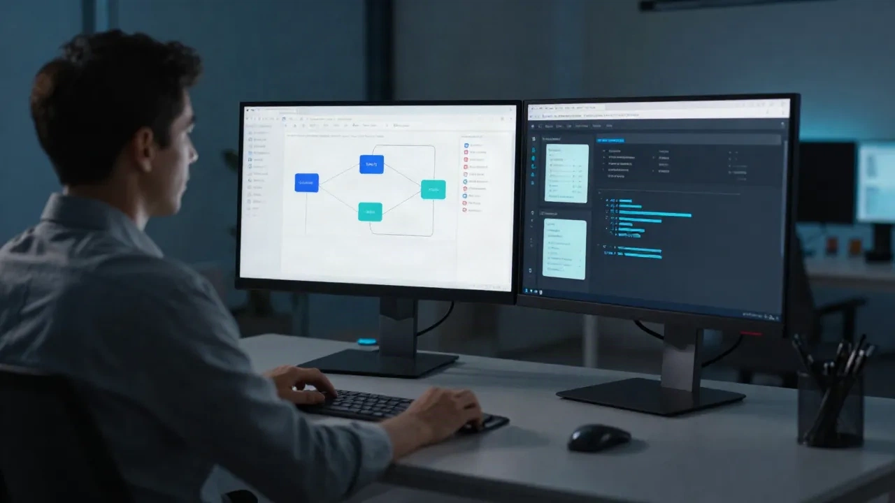 Ops professional di dual monitor membangun AI agent workflow