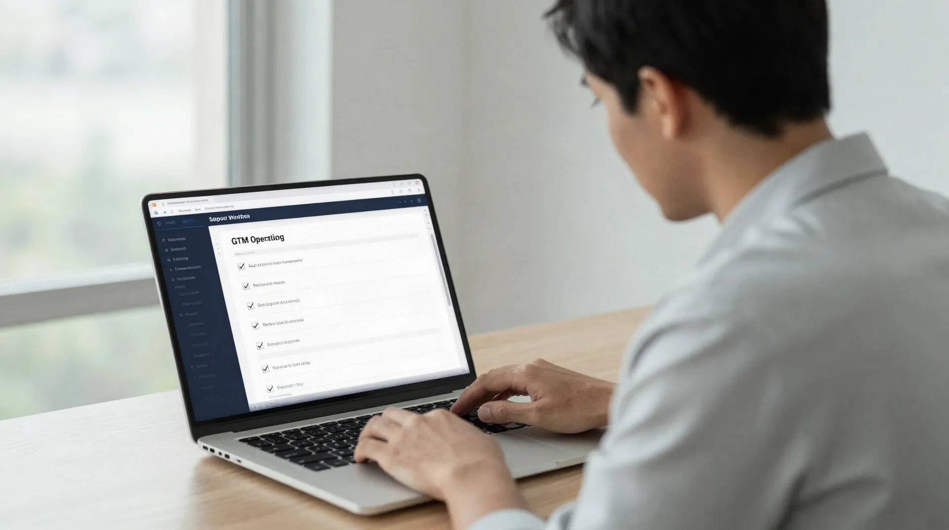 Sales Ops Profi überprüft einen verketteten autonomen Workflow mit abgehakten Schritten auf einem Laptop