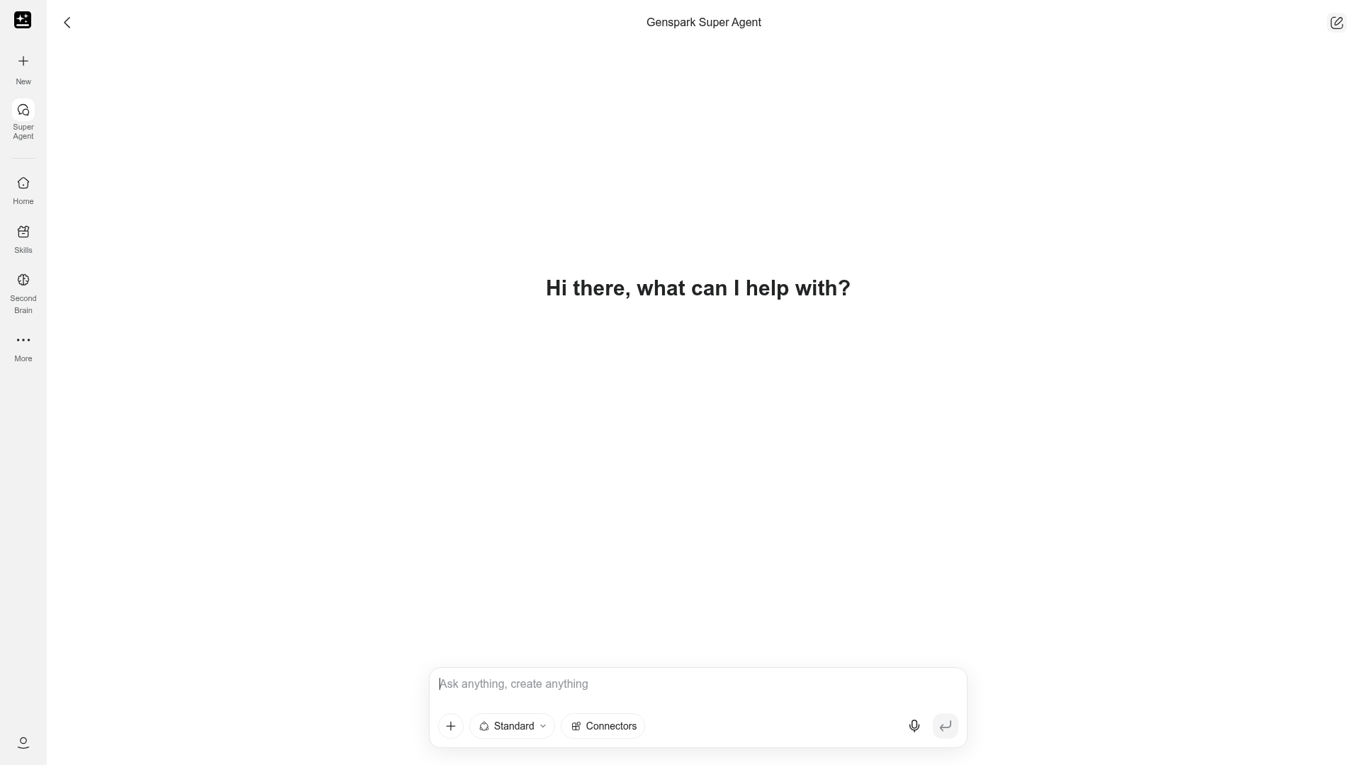 Genspark Super Agent empty chat screen with the Ask anything create anything prompt bar