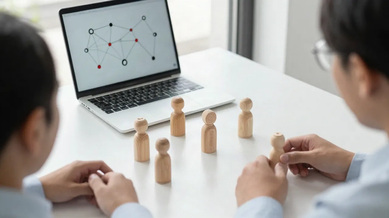 Ein Bleifigur-Lead umgeben von kleineren Figuren auf einem Desk, eine Metapher für einen Orchestrator, der an Spezialisten-Agenten delegiert