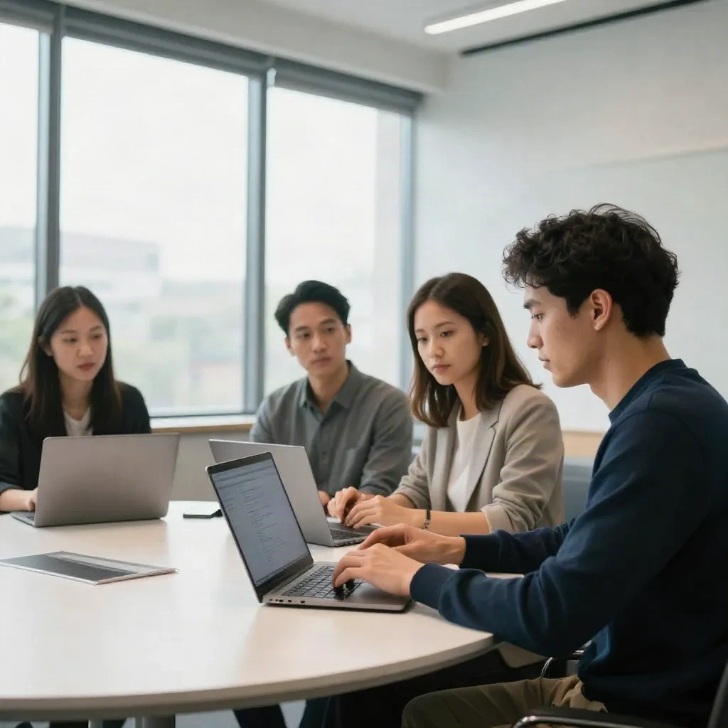 Small ops team collaborating in bright modern conference room, taking meeting notes on laptop