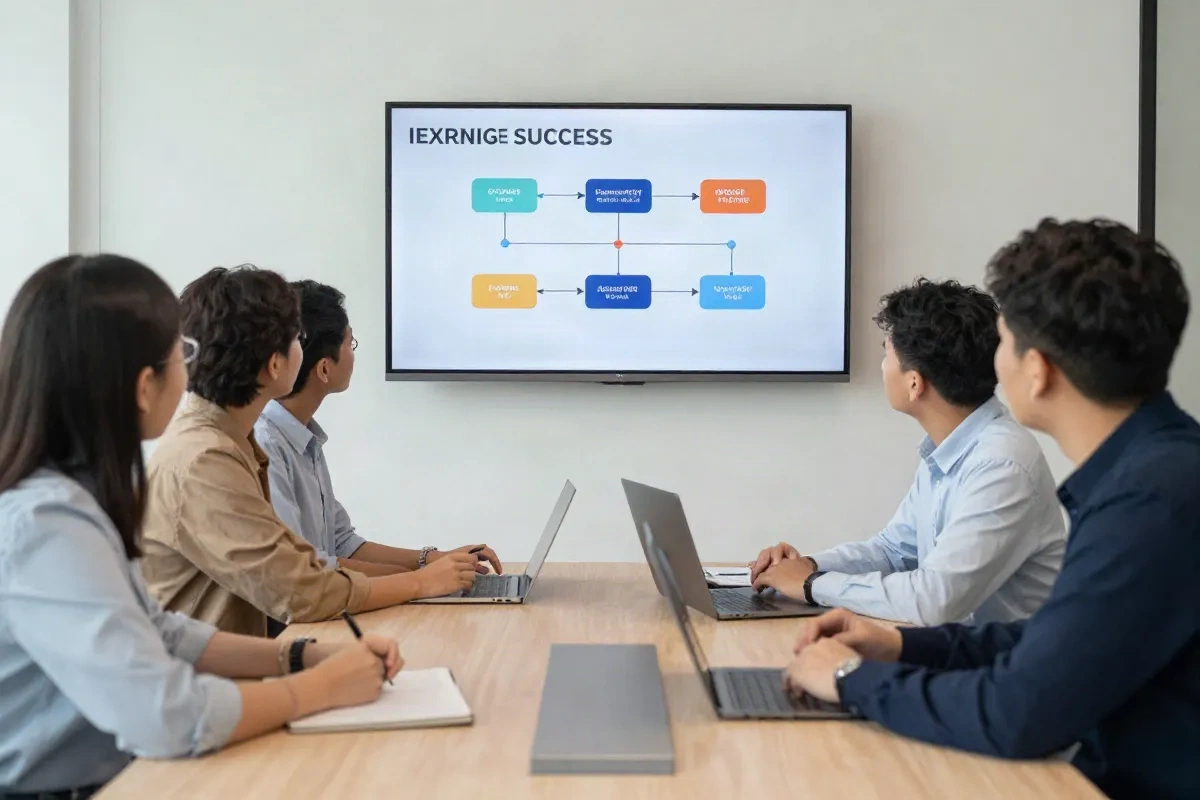 Customer success team reviewing a shared workflow playbook on a wall-mounted screen