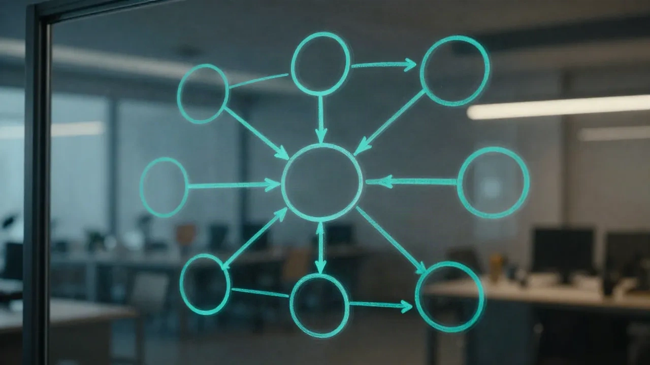 Glowing cyan flowchart nodes and arrows sketched on a glass whiteboard in a dark modern office