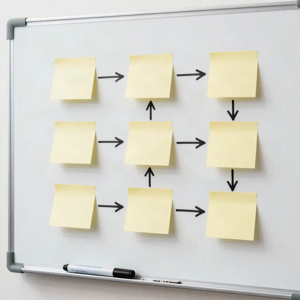 Whiteboard with sticky notes and arrows mapping a hand-off between specialist steps
