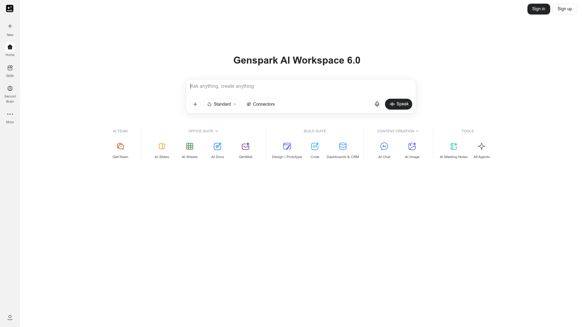 Schermo principale di Genspark AI Workspace 6.0 con la barra prompt Chiedi qualunque cosa crea qualunque cosa
