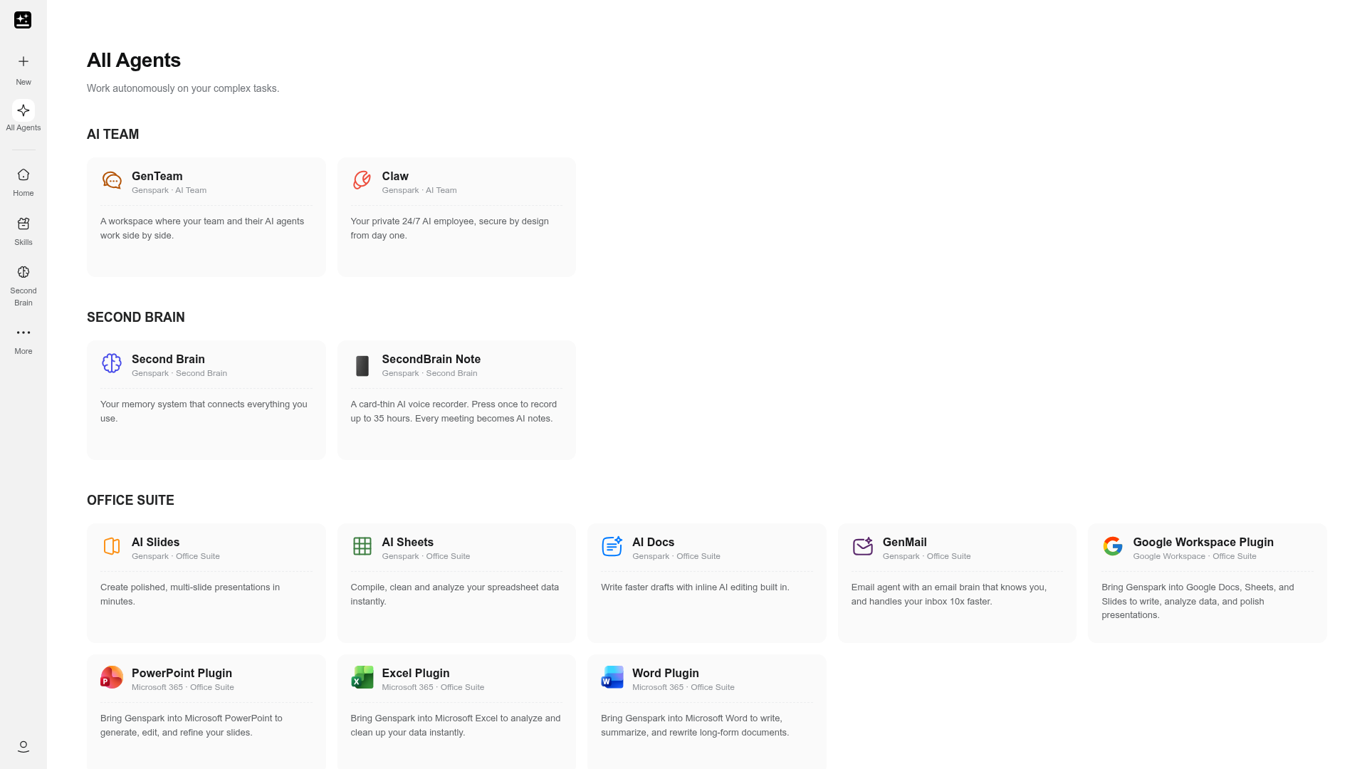 Genspark All Agents catalog listing Office Suite, Build Suite, and Content Creation tools