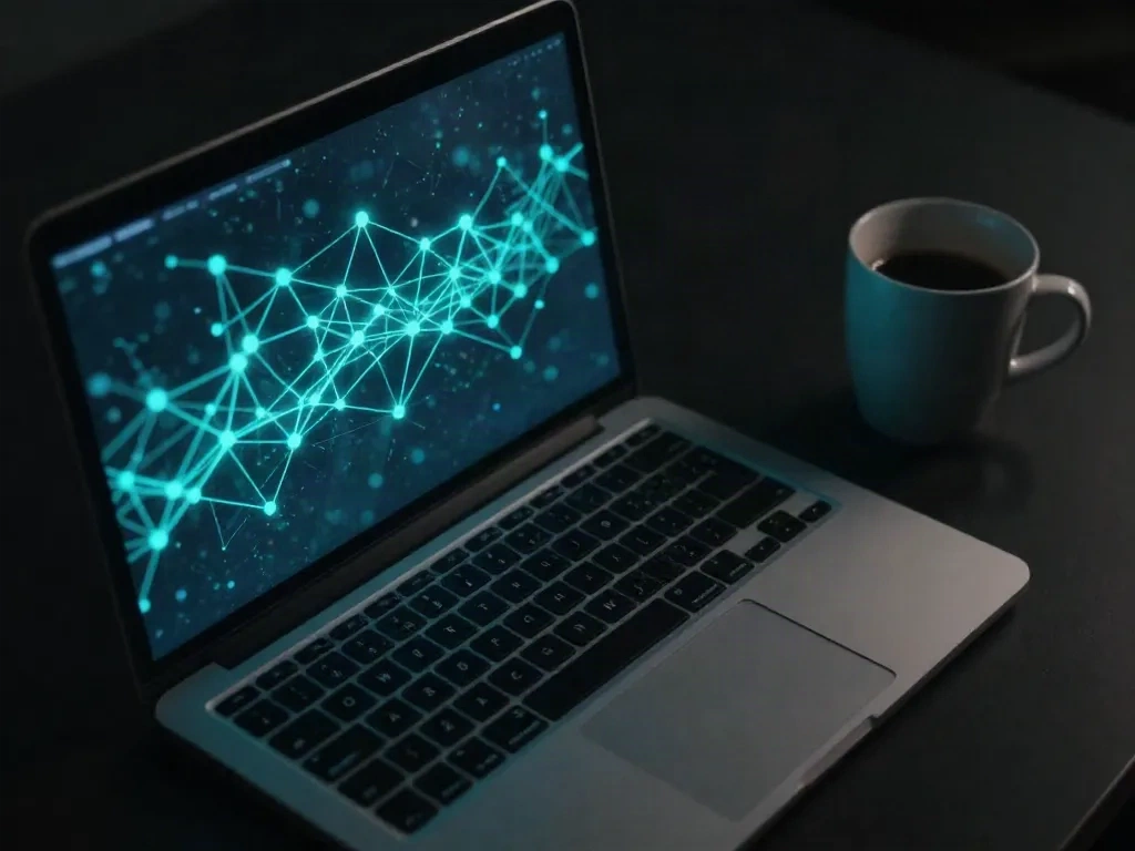 Laptop screen glowing with an abstract network diagram next to a coffee cup on a dark desk