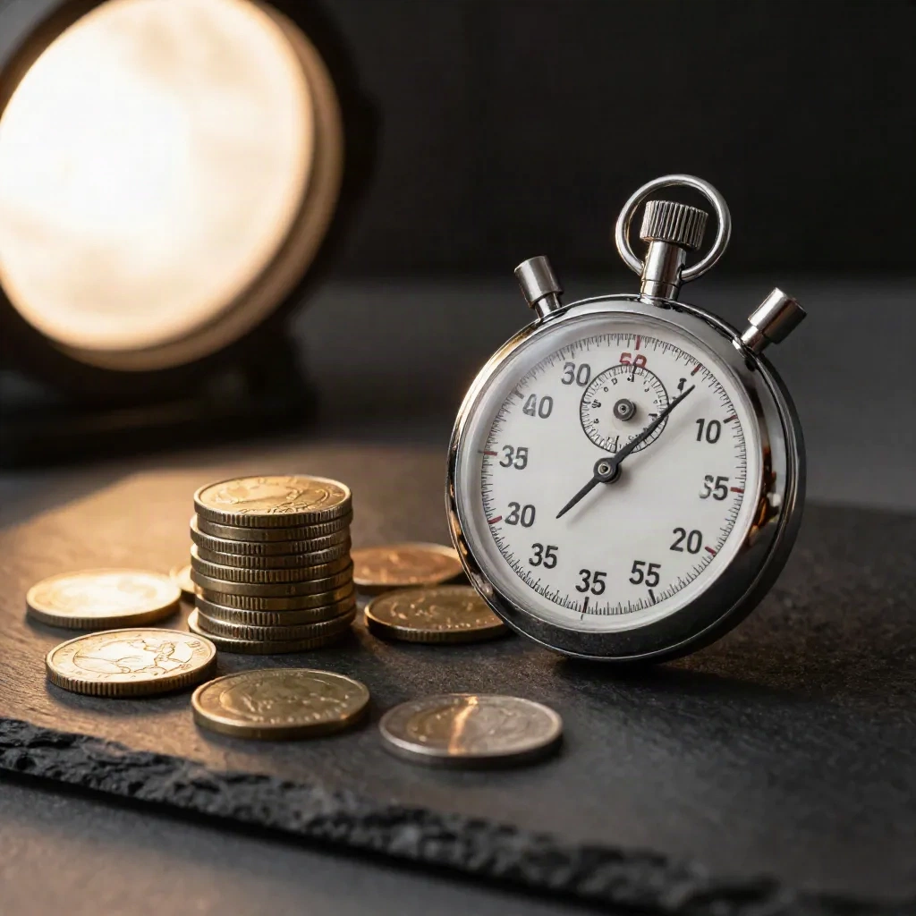 A stopwatch next to a stack of coins representing the time and token cost of running several agents