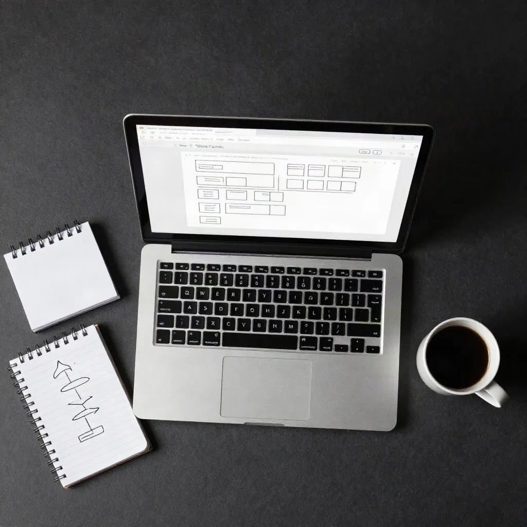 Minimalist ops workspace dengan laptop menunjukkan workflow diagram