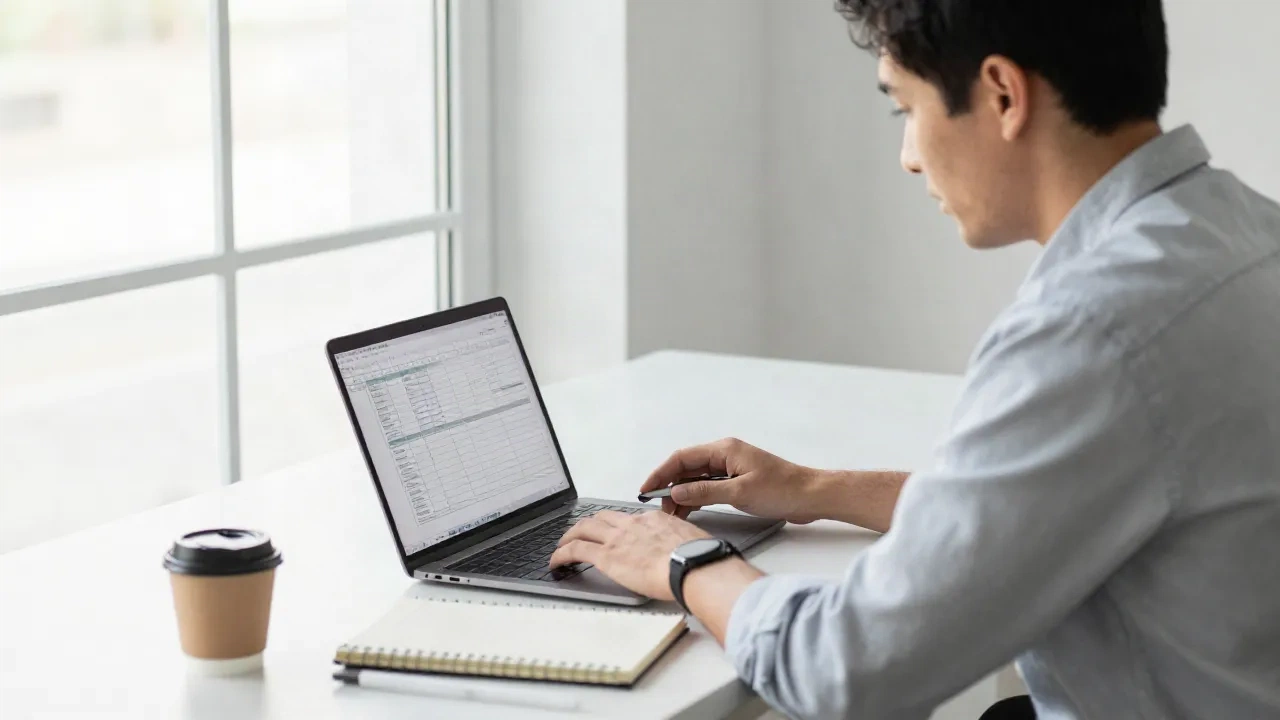 Lead ops che rivede un modello verbale riunione su laptop in un ufficio moderno