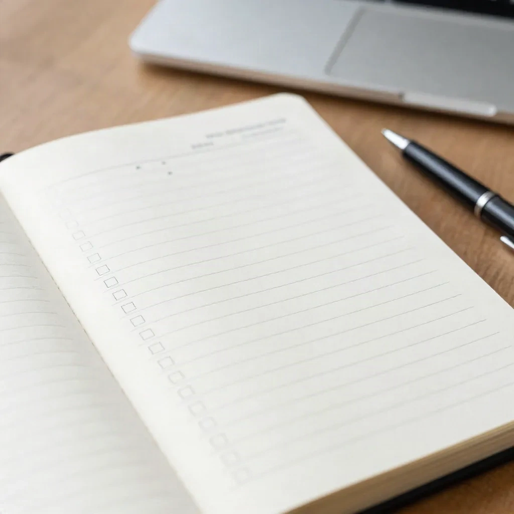 Clean notebook with structured meeting agenda and action items checkboxes on wooden desk