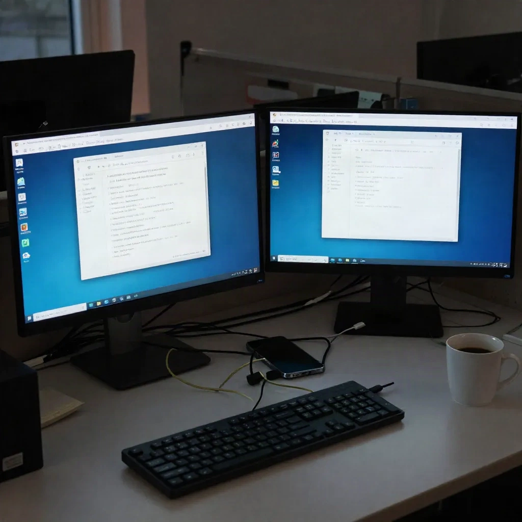 Dois monitores com documentos espalhados e cabos emaranhados, mostrando um workflow manual bagunçado