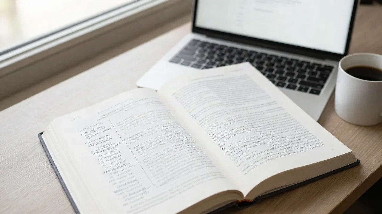 Aufgeschlagenes Lehrbuch neben einem Laptop und handschriftlichen Lernnotizen auf dem Schreibtisch