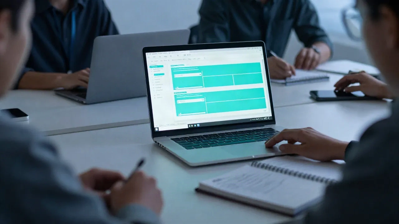 Laptop on a meeting table showing a structured prompt template with teal section blocks