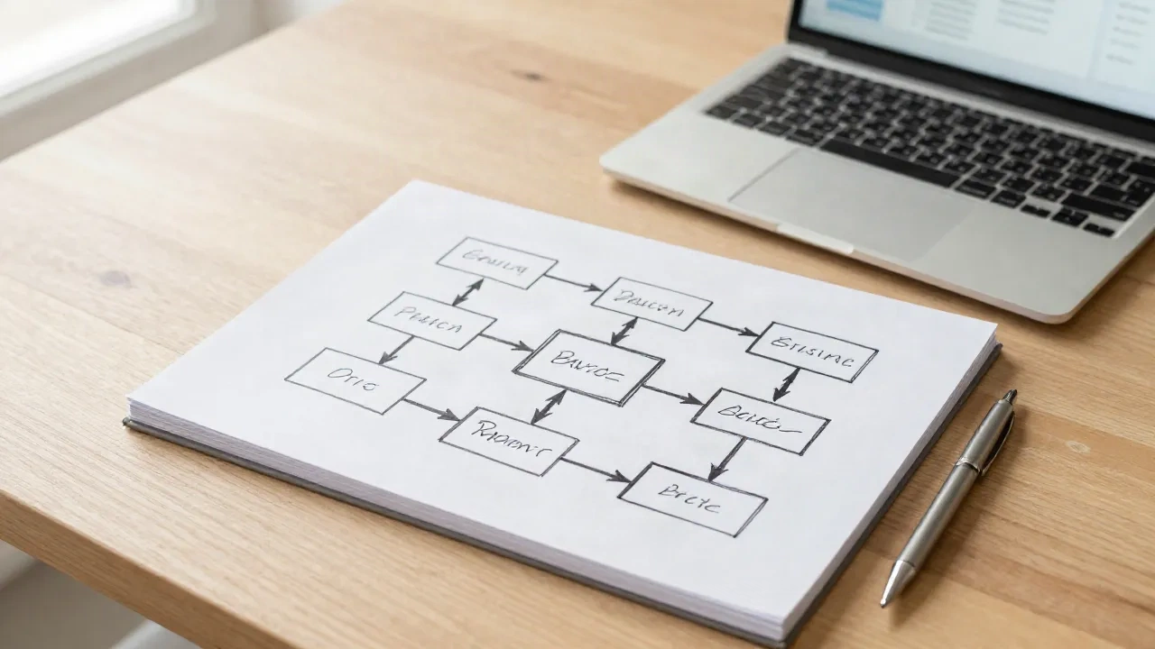 Hand-drawn workflow flowchart on a paper pad next to a laptop on a wooden desk