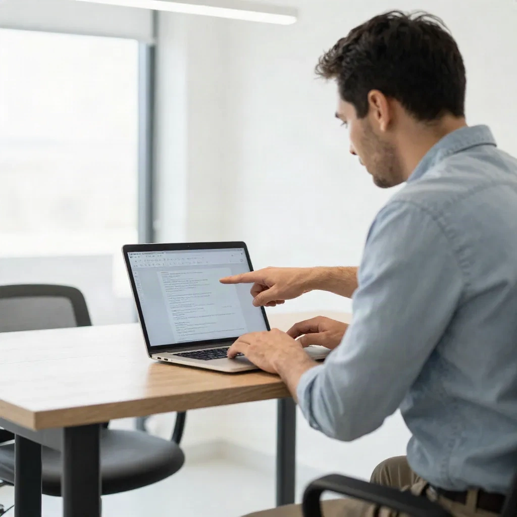 Integrante do time de ops apontando para a tela de um notebook enquanto revisa um workflow com um colega
