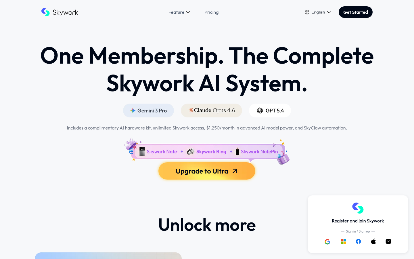 Pagina dell'abbonamento Skywork Ultra con l'elenco dei modelli e il pulsante Upgrade to Ultra