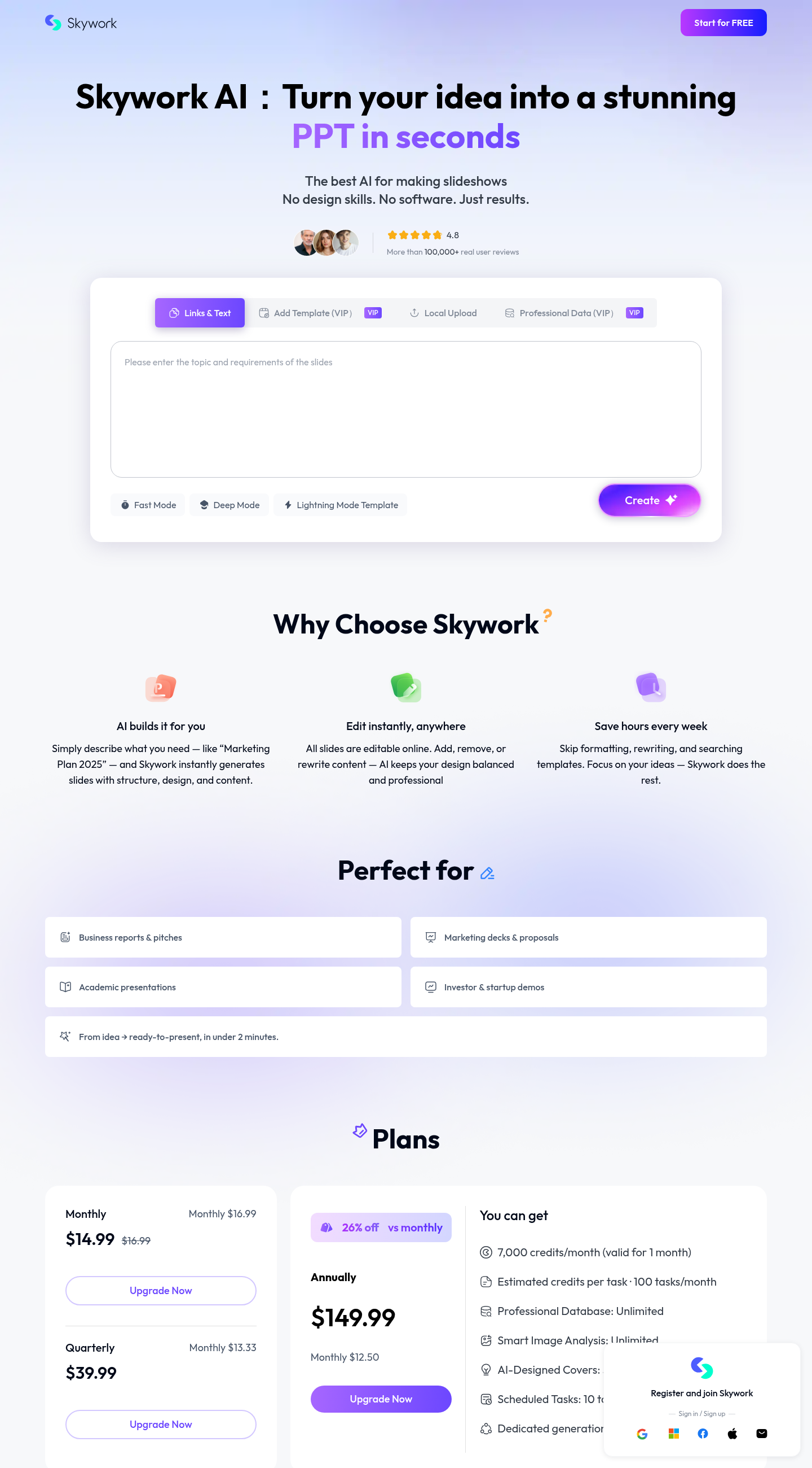 Pagina prezzi Slides di Skywork con i prezzi dei piani mensile, trimestrale e annuale