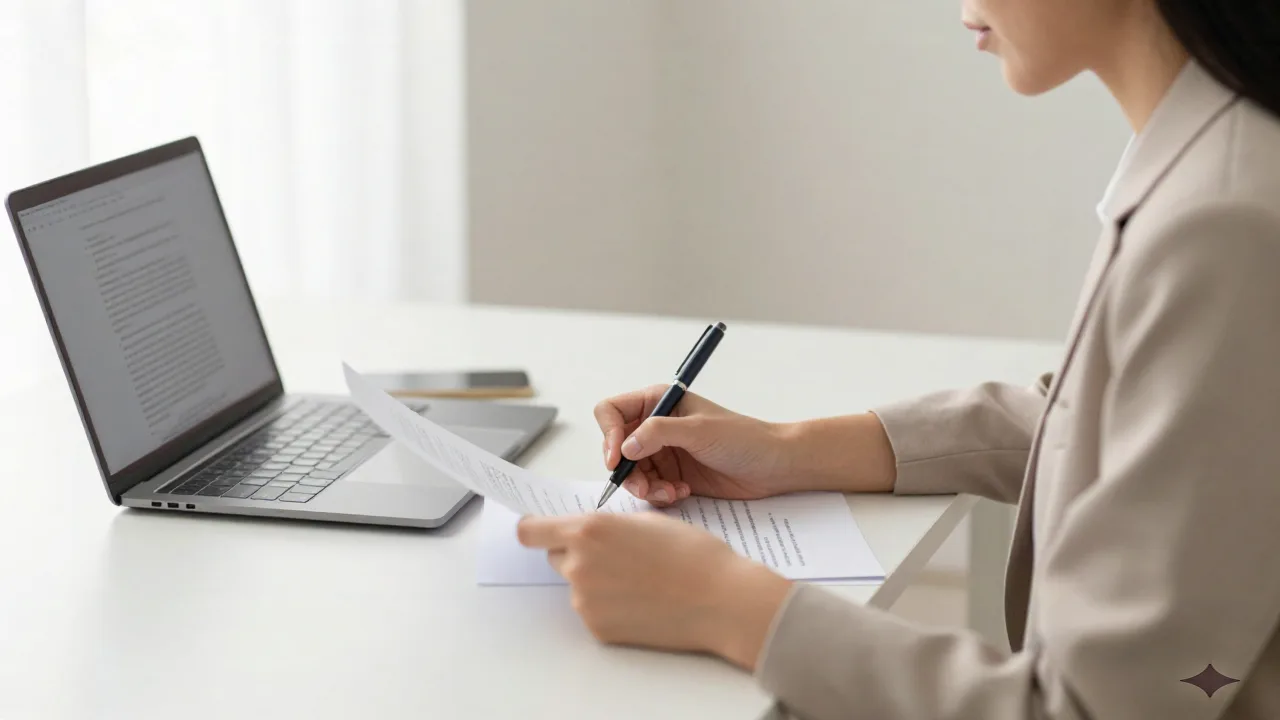 Professional writer reviewing a document to create an objective summary at a tidy desk with laptop