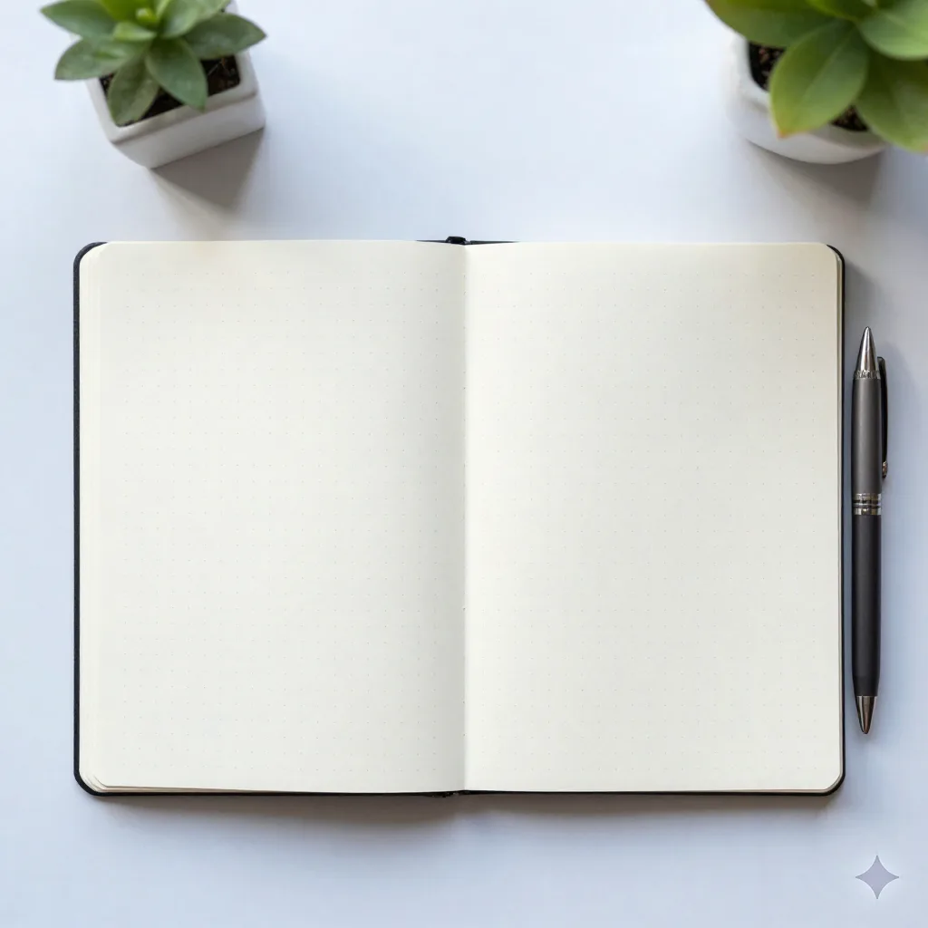 Flat lay of organized notebook with structured summary notes and pen on minimal desk