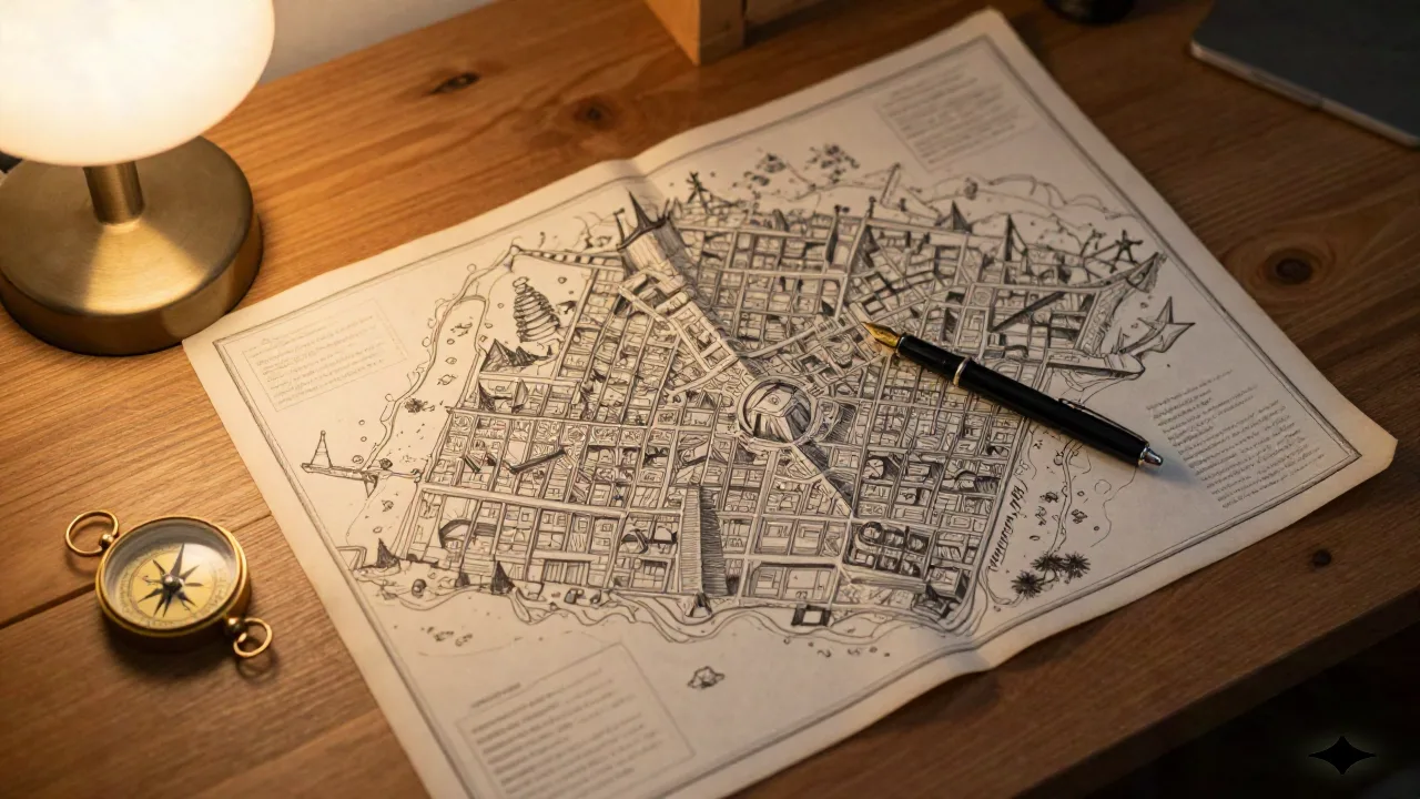 Vintage hand-drawn fantasy city map on a writer's desk with a fountain pen and compass