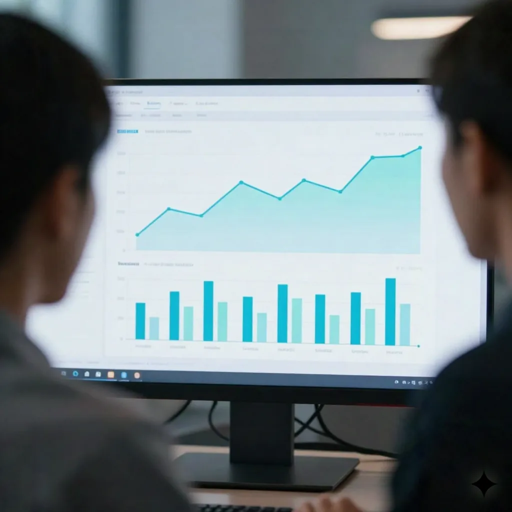 Person in profile looking at an analytics dashboard with charts on a monitor
