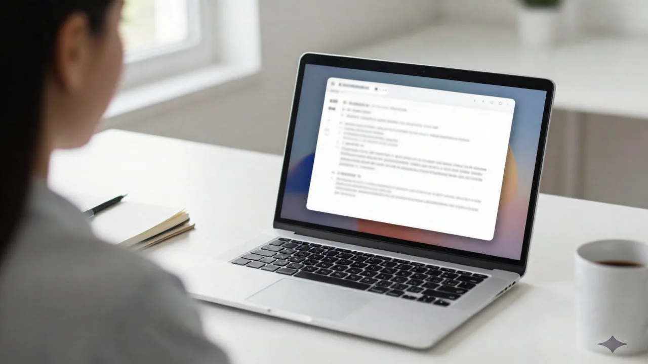 Pisarz przy biurku przeglądający wygenerowaną przez AI odpowiedź na ekranie laptopa, reprezentujący sposób, w jaki AI search engines syntetyzują napisaną treść