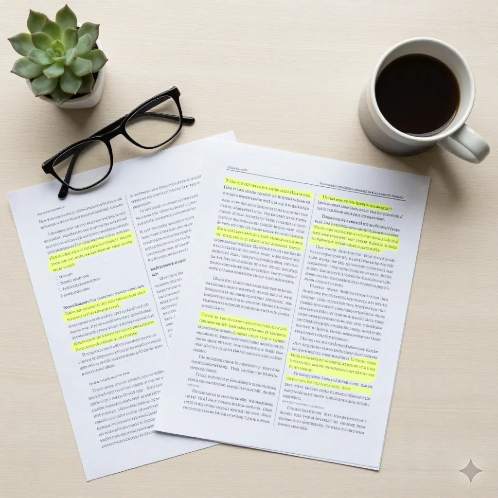 Overhead flat lay of a printed article draft marked up with a highlighter next to glasses and a coffee mug