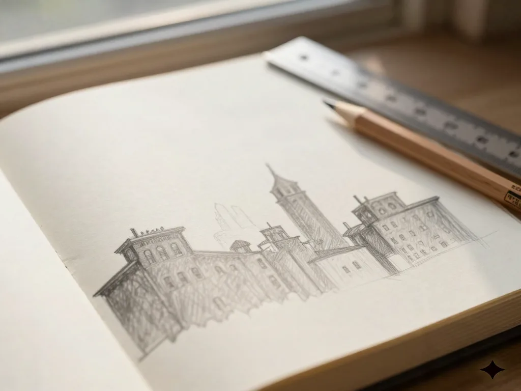 Notebook page with pencil-sketched skyline silhouettes for naming a fictional city