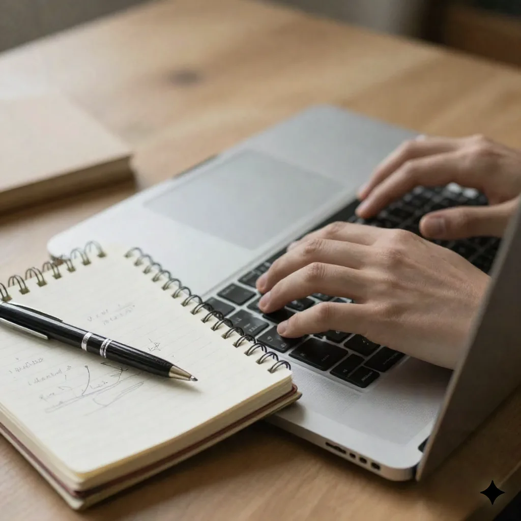 Close-up of hands typing on a laptop keyboard next to a notebook with handwritten notes