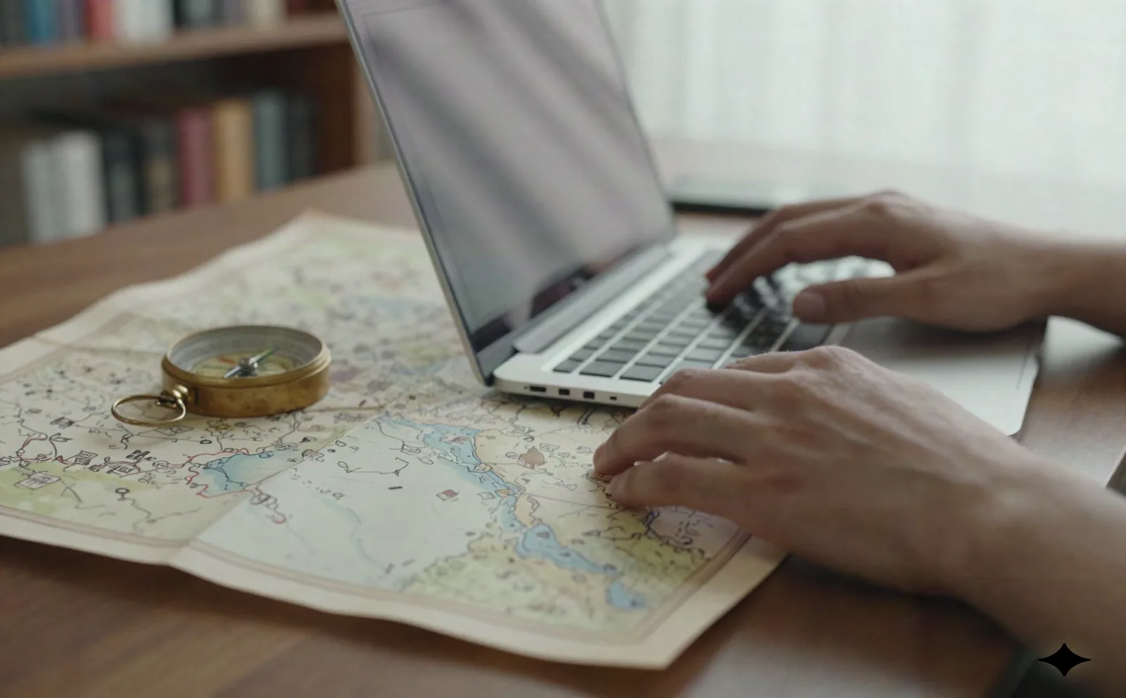 Hands typing on a laptop beside an unfolded hand-drawn fantasy map with ink town markers