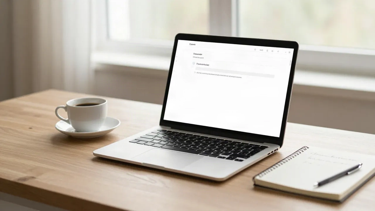 Ein Schreibtisch eines professionellen Content-Redakteurs mit Laptop, Notizbuch und Kaffee, organisiert für SEO Content Entwicklung