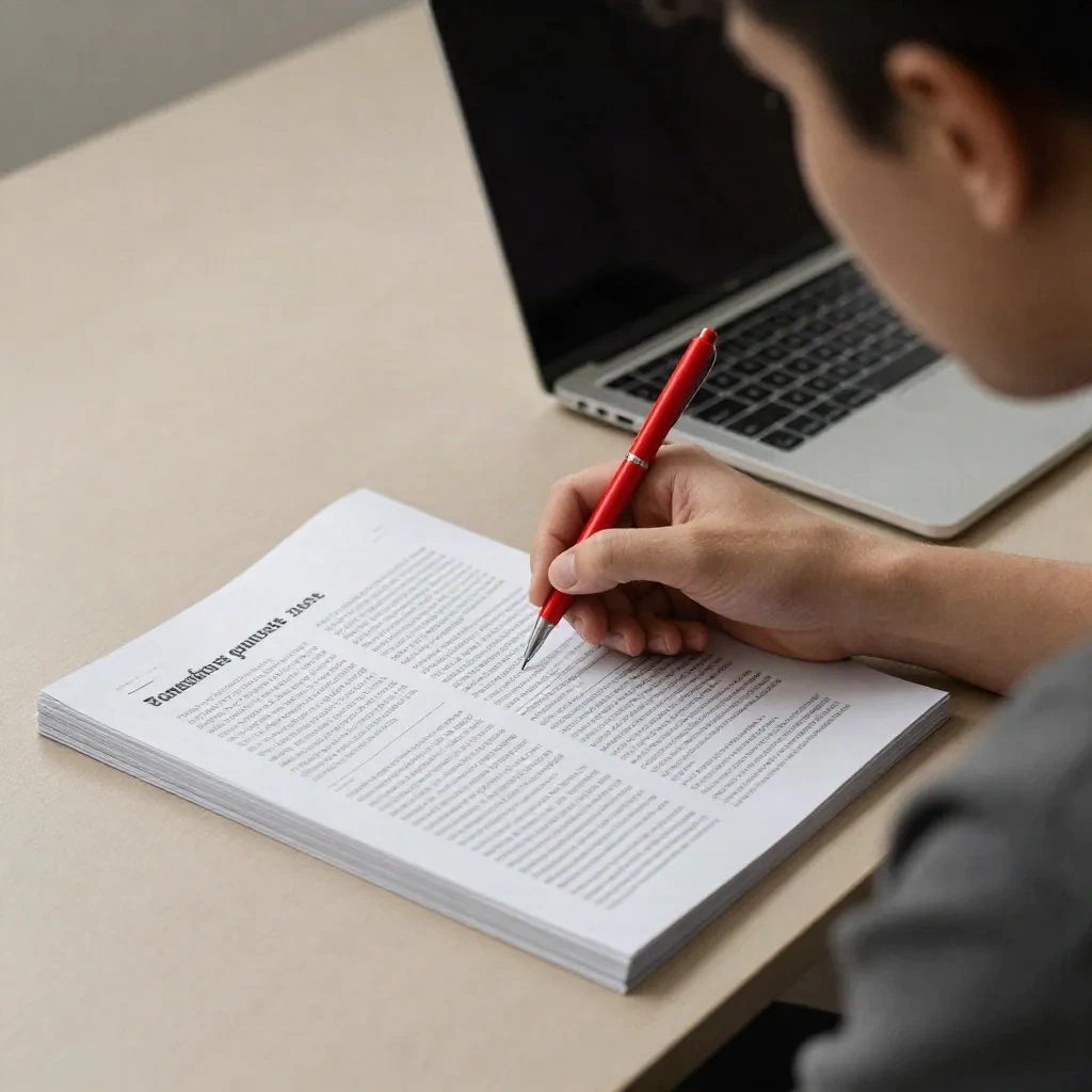 編集作業をしているライターが印刷ページにペンで書き込んでいる様子