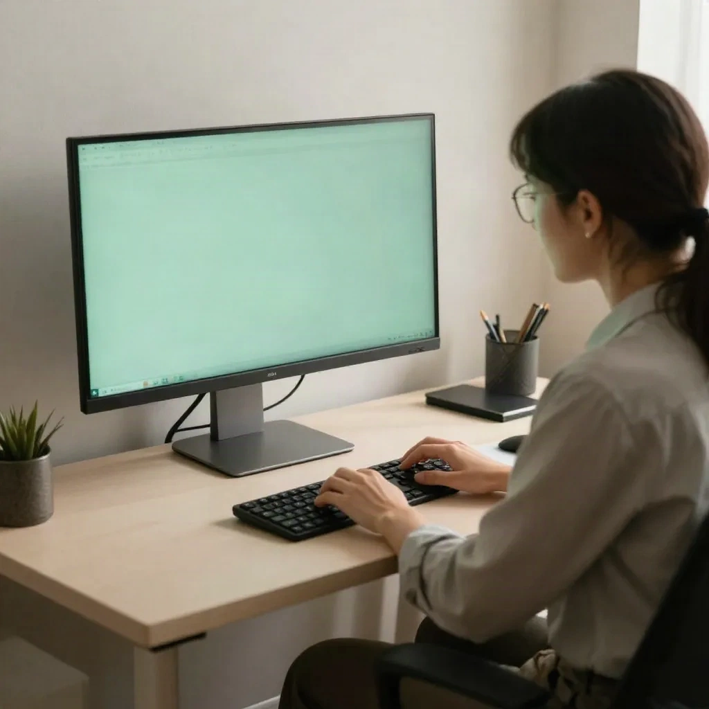 A professional reviewing content on a monitor at a standing desk, warm office light, focused work environment