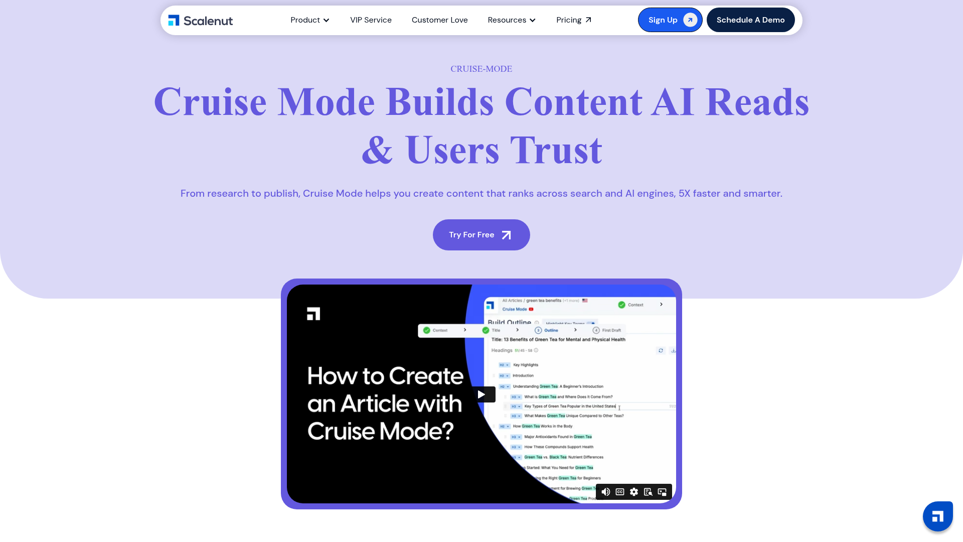 Scalenut Cruise Mode feature page describing the keyword-to-draft workflow