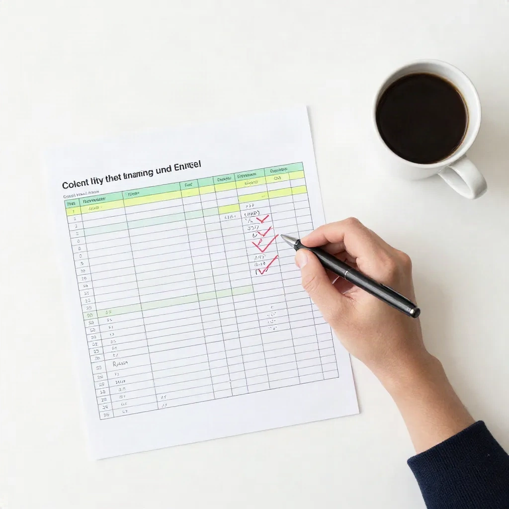 Flat-lay of a content audit spreadsheet with color-coded decision rows being reviewed