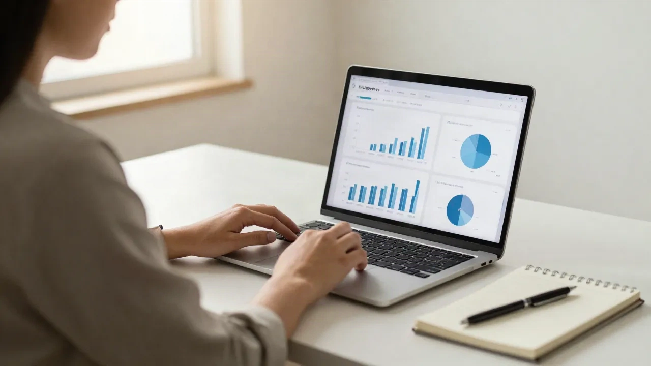 Content Strategin analysiert SEO Analytics auf Laptop in minimalistischem Workspace