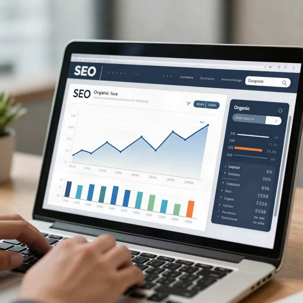 SEO analytics dashboard on laptop screen showing traffic trend lines and organic search data