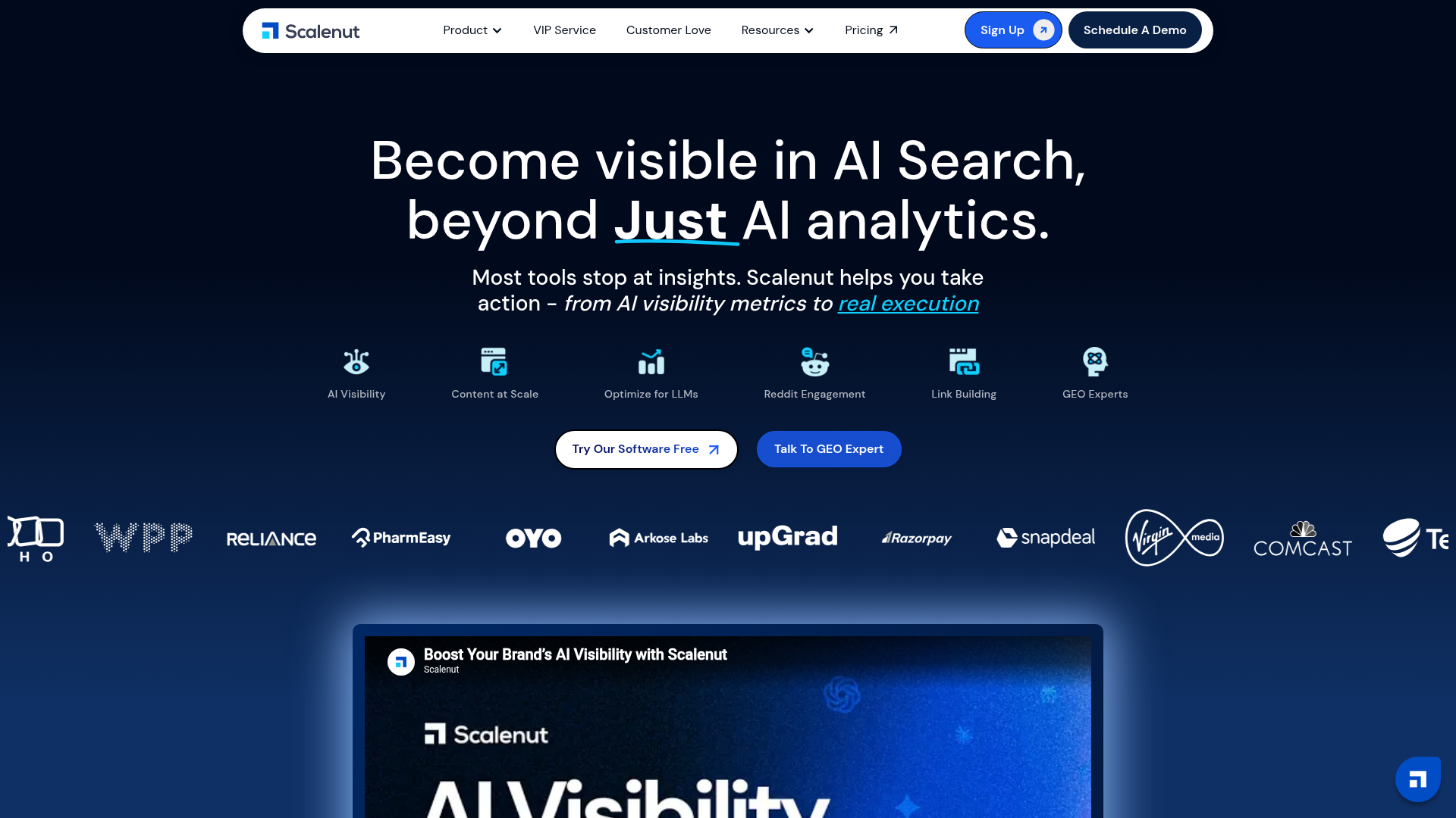 Scalenut Startseite zeigt die AI-SEO und Geo-Content-Plattform
