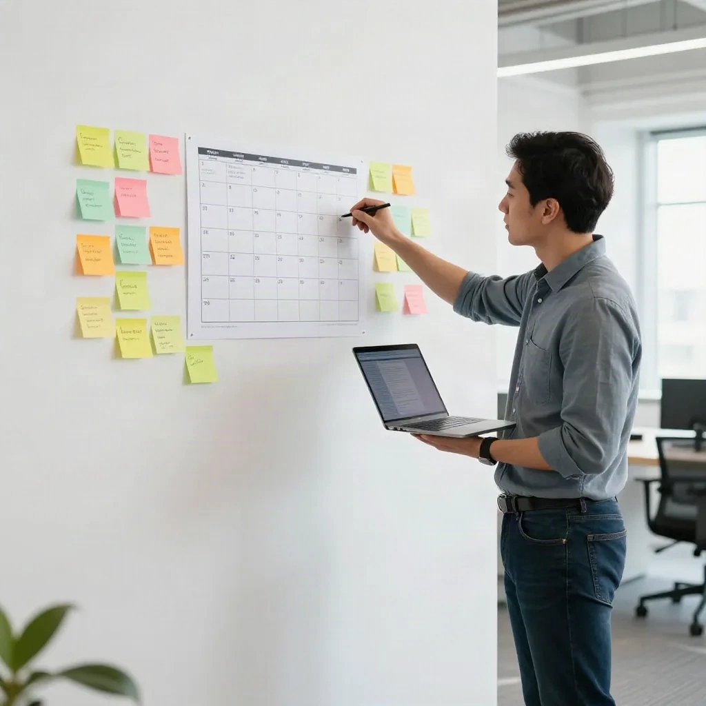 Content Marketer am Stehschreibtisch mit Content Calendar und Sticky Notes