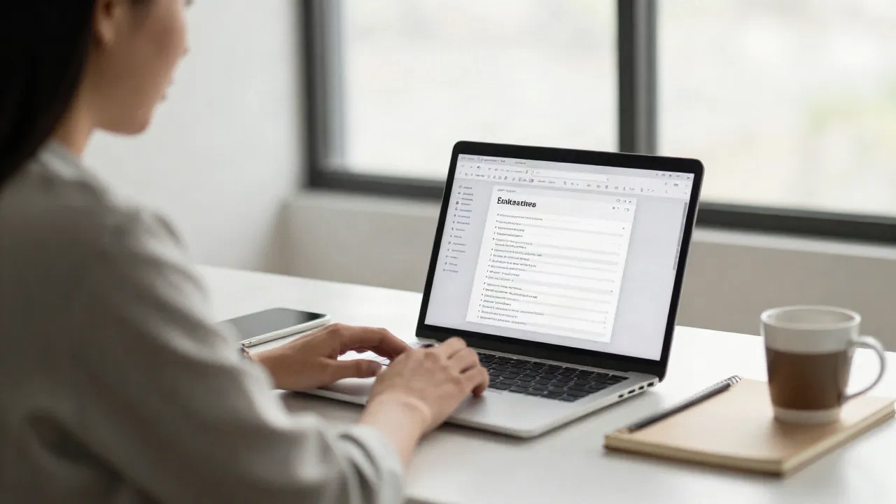 Scrittore professionista che lavora ai contenuti SEO con laptop e luce mattutina